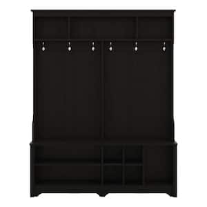 Black Hall Tree with Storage Shelves and Coat Hooks All in One Hallway Entryway Coat Rack with Shoes Storage Bench