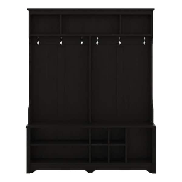 URTR Black Hall Tree with Storage Shelves and Coat Hooks All in One Hallway Entryway Coat Rack with Shoes Storage Bench