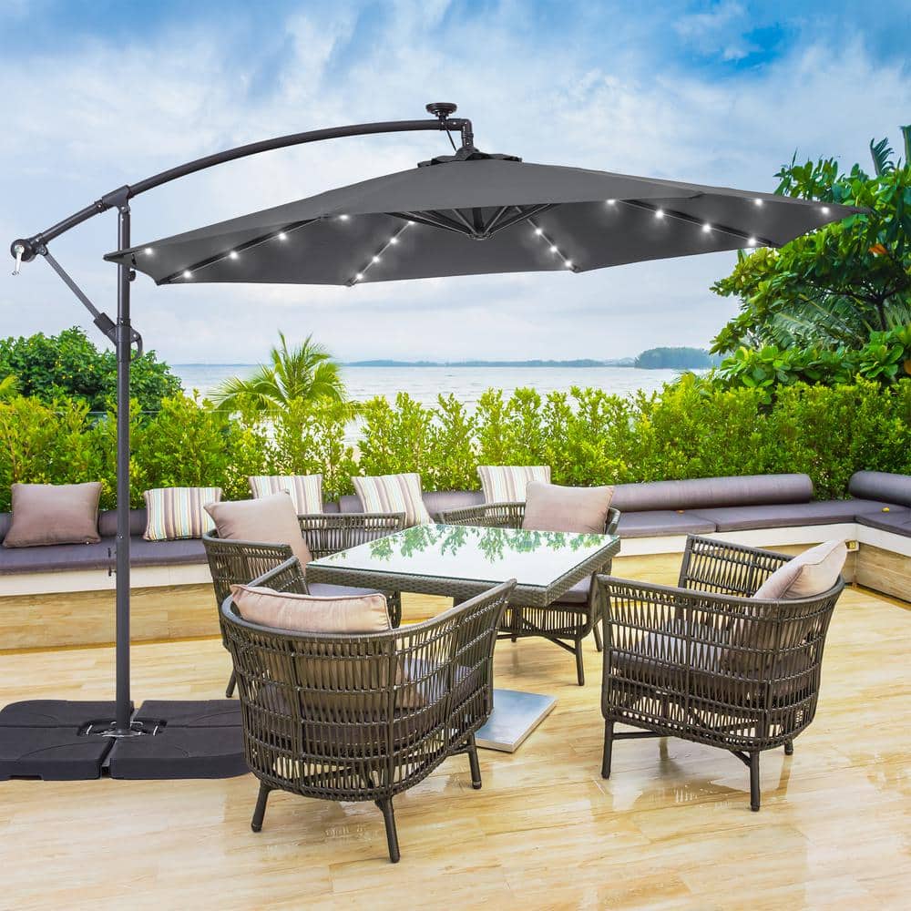 JOYESERY 10 ft. Patio Offset Solar LED Umbrellas 50 Plus UV Protection Cantilever Outside Umbrellas, Anthracite J-UM-34A-LED - The Home Depot