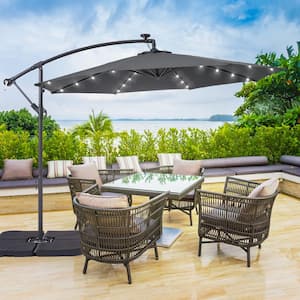 10 ft. Patio Offset Solar LED Umbrellas 50 Plus UV Protection Cantilever Outside Umbrellas, Anthracite