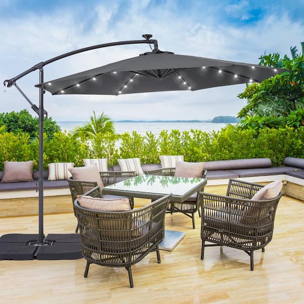 JOYESERY 10 ft. Patio Offset Solar LED Umbrellas 50 Plus UV Protection Cantilever Outside Umbrellas, Anthracite