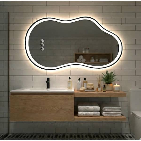 46 in. W x 26 in. H Irregular Black Framed Anti-Fog 3-Colors Dimmable LED Light Wall Bathroom Vanity Mirror with Memory