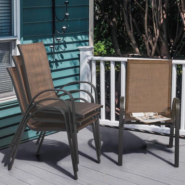 Black Metal and Textilene Stackable Outdoor Dining Chairs in Brown (4-Pack)