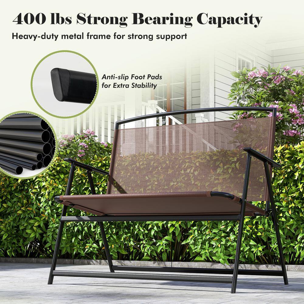 Brown Metal Foldable 2-Person Outdoor Garden Bench with Backrest and Armrests
