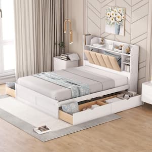 White Wood Frame Queen Size Platform Bed with 4-Drawer, Headboard including Built-in Shelves and Hidden Storage