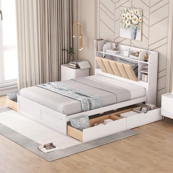 Harper & Bright Designs White Wood Frame Queen Size Platform Bed with 4 ...