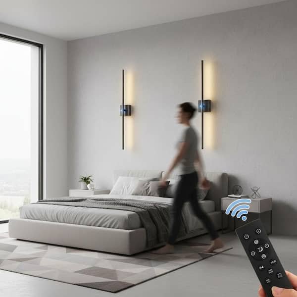 28 in. Balck 2-Pack LED Wall Sconces, Wireless Motion Sensor with Timer, 3000K-6000K Dimmable Lights for Bedroom Hallway
