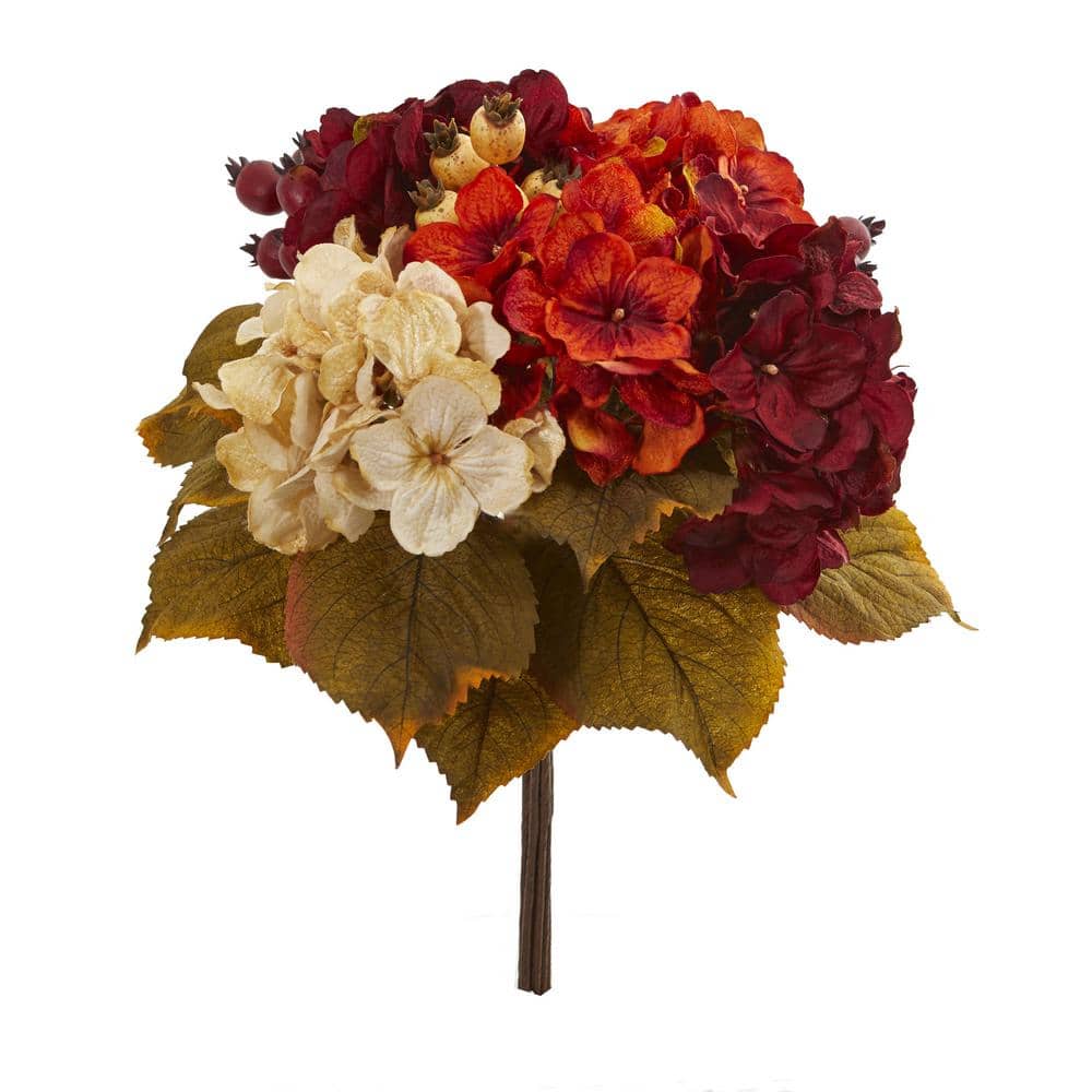 red/Cream Nearly Natural 16in Peony Hydrangea and Dahlia Artificial Flower Bouquet Set of 2