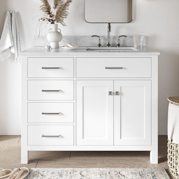 ARIEL Bristol 43 in. W x 22 in. D x 35.25 in. H Freestanding Bath Vanity in White with Carrara White Marble Top