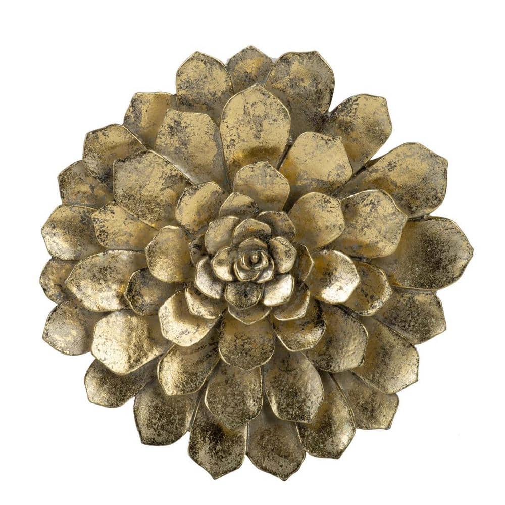 10.2 in. x 10.2 in. Gold Metal Work Flowers Wall Sign Hanging Metal Relief 