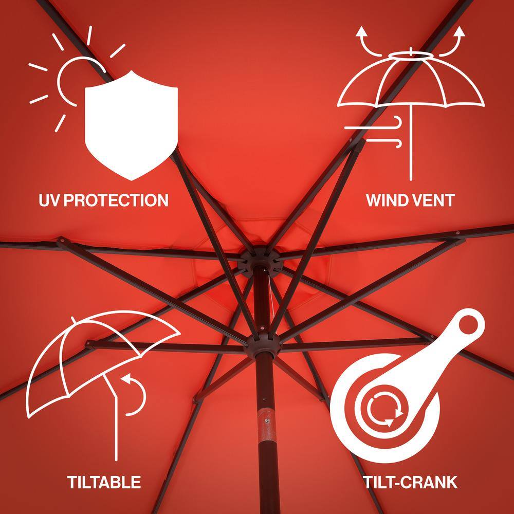 Coral Red 9 ft. Scalloped Fringe Patio Umbrella with Auto-Tilt