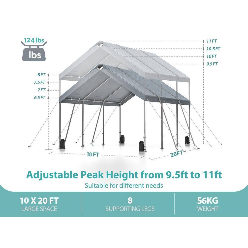 10' x 20' Gray Heavy Duty Metal Carport Canopy