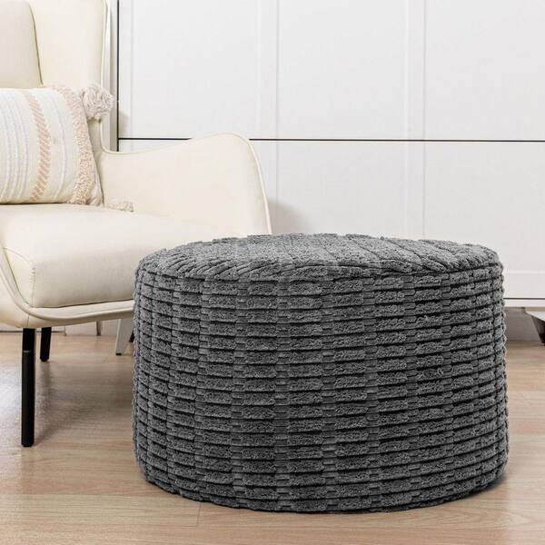 Dark Grey Faux Fur Upholstered Round Pouf Ottoman Modern High