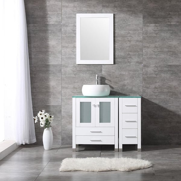 Wonline 24.4 in. W Single Ceramic Sink Freestanding White Bath Vanitiy with Round Green Engineered Stone Top