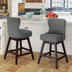Hampton 26 in. Gray Solid Wood Frame Counter Stool with Back Linen Fabric Upholstered Swivel Bar Stool Set of 2
