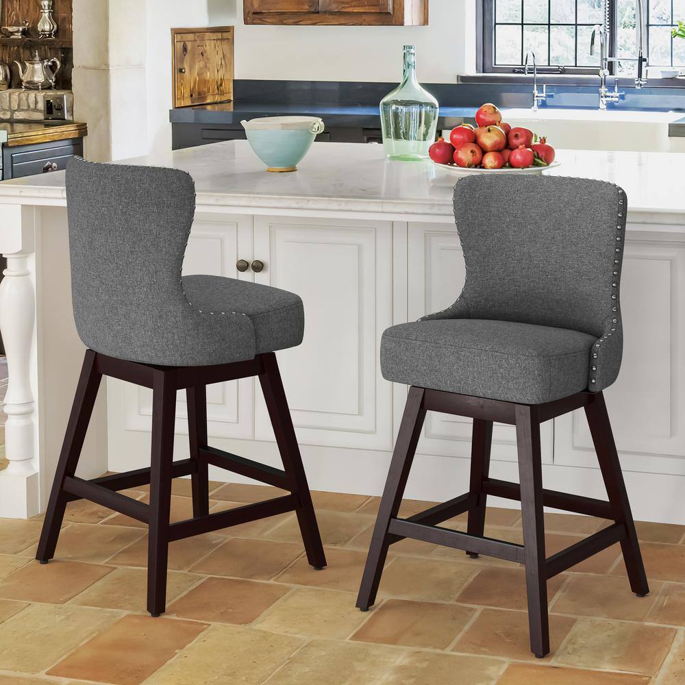 Gray Linen Fabric Upholstered Swivel Counter Stools with Solid Wood Frame, Set of 2