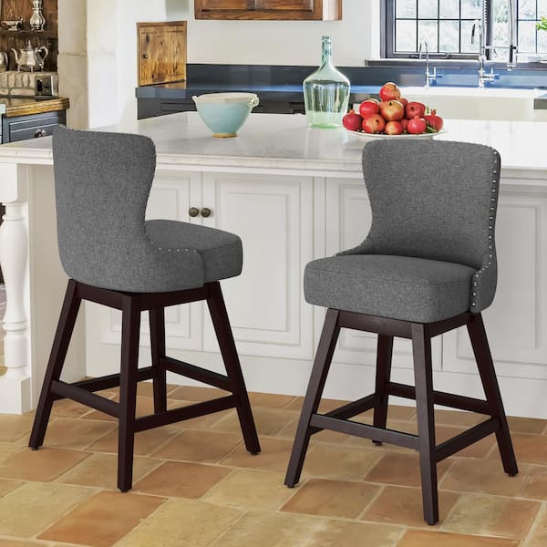 OrangeOne Hampton 26 in. Gray Solid Wood Frame Counter Stool with Back Linen Fabric Upholstered Swivel Bar Stool Set of 2