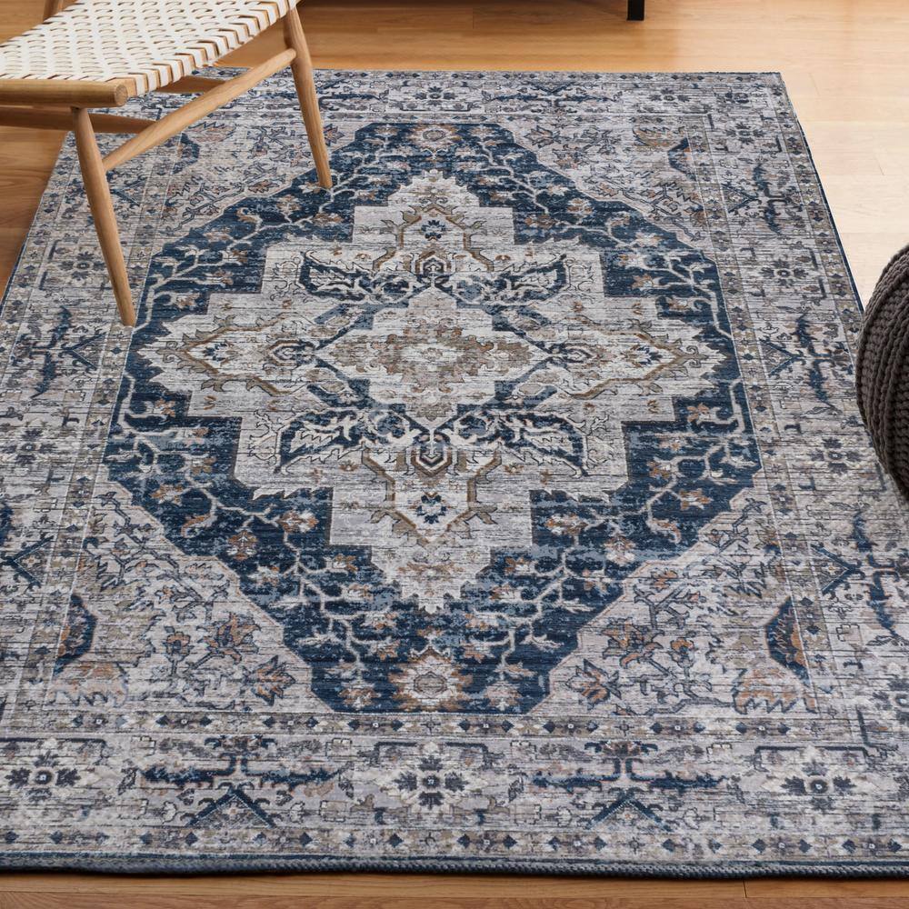 Didim Boho Navy and Light Gray 5x8 Washable Area Rug