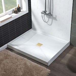 36 in. L x 36 in. W Alcove Solid Surface Shower Pan Base with Center Drain in White with Brushed Gold Cover