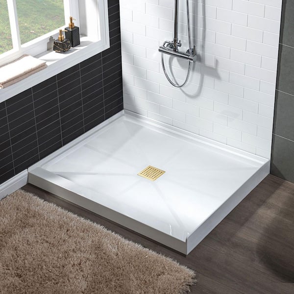 WOODBRIDGE 36 in. L x 36 in. W Alcove Solid Surface Shower Pan Base with Center Drain in White with Brushed Gold Cover