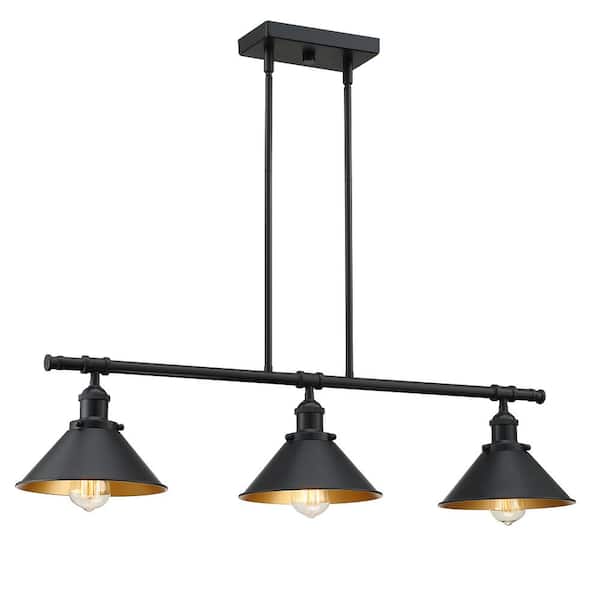 Miscool 3-Light Kitchen Island Pendant Light Chandelier with Matte Black and Inside Gold Painting Shade