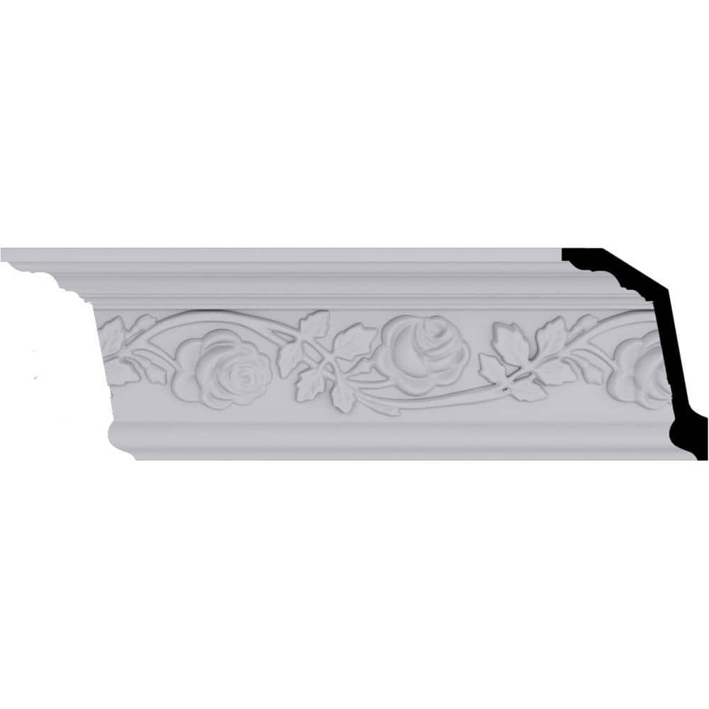 Primed White Polyurethane Rose Crown Moulding Sample, 12" Length