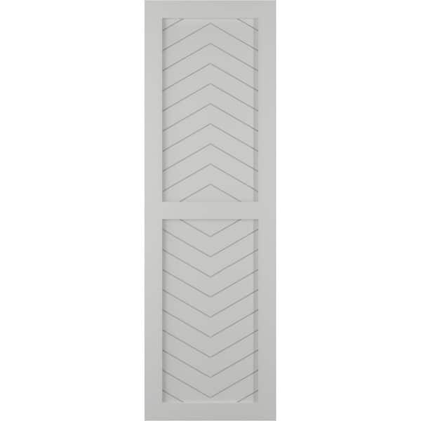 Ekena Millwork 12 in. x 54 in. PVC True Fit Two Panel Chevron Modern Style Fixed Mount Flat Panel Shutters Pair in Hailstorm Gray