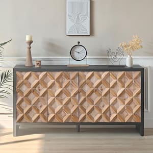 Rustic 4-Door Wood Cabinet with Geometric Pattern-Modern Storage Solution for Any Space in black