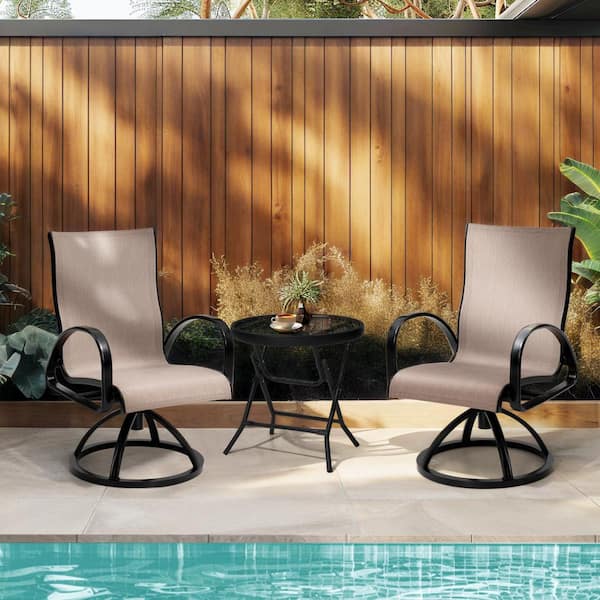 Black Swivel Aluminum Sunbrella Textilene Mesh Fabric Outdoor Dining Chair in Augustine Ashe (Set of 2)