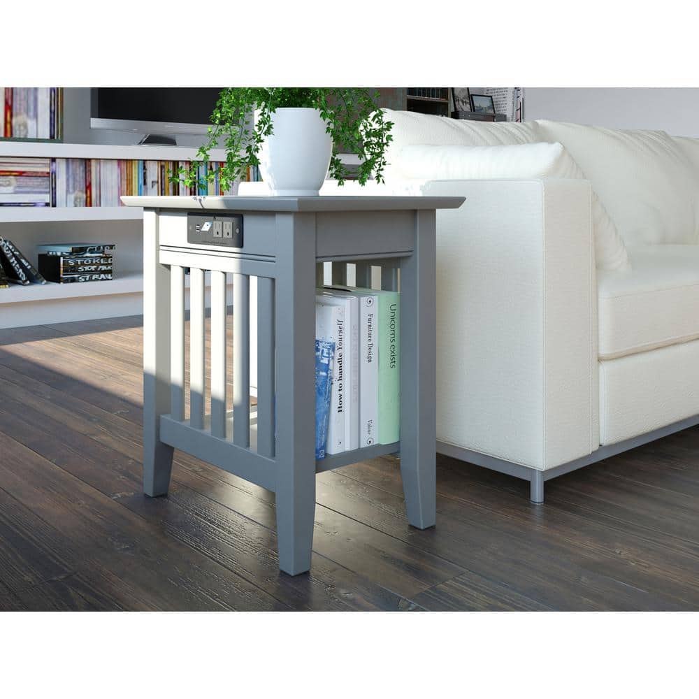 Mission Grey Solid Hardwood 22" Chair Side Table with USB Charging