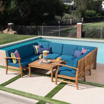 Noble House Giancarlo Teak 2-Piece Wood Outdoor Chaise Lounge with Blue ...