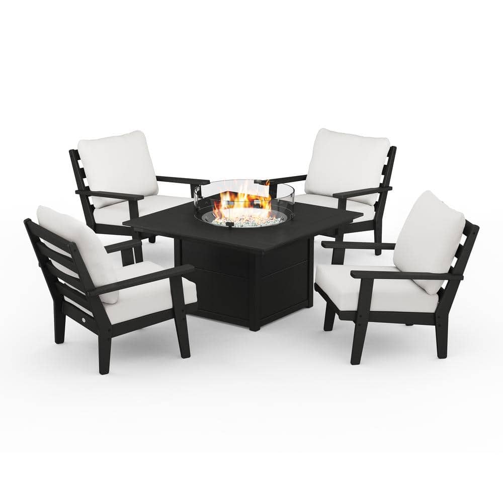 POLYWOOD Grant Park Black 5-Piece Deep Seating Fire Pit Patio Set with Natural Linen Cushions