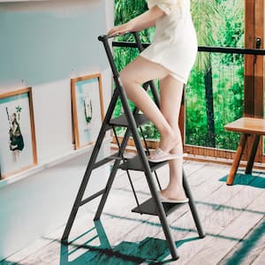 4 ft. 3-Step Aluminium Retractable Handgrip Folding Step Stool Ladder with Anti-Slip Wide Pedal
