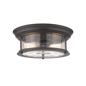 14 in. 2-Light Bronze Flush Mount with Clear Seedy Shade
