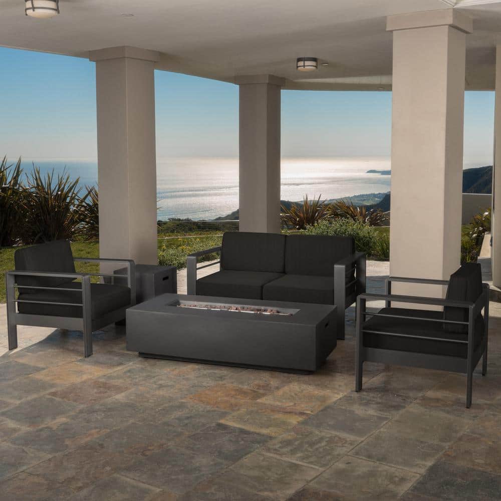 Gray Aluminum 5-Piece Outdoor Firepit Sofa Set with Dark Grey Cushions