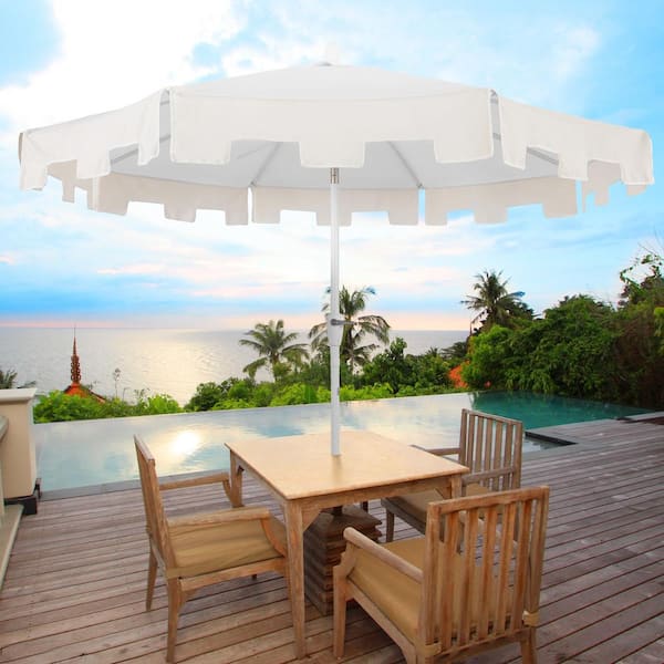 Baiona 9 ft. Classic MidCentury Market Patio Umbrella with UV Protection, Auto-Tilt, Crank and Wind Vent in White/Cream