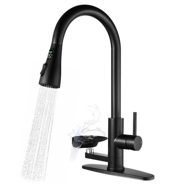 3-in-1 Kitchen Faucet with 3-Color LED Temperature Display, Glass Rinser, High-Arc Pull-Down Sprayer, 3 Spray Modes.