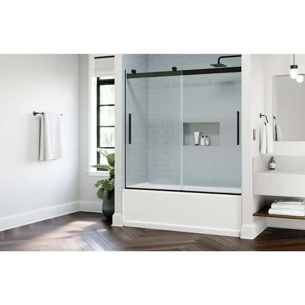 Classic 500 55-3/8 to 59-3/8 in. W x 59 in. Frameless Sliding Bathtub Door in Matte Black with 5/16 in. Clear Glass