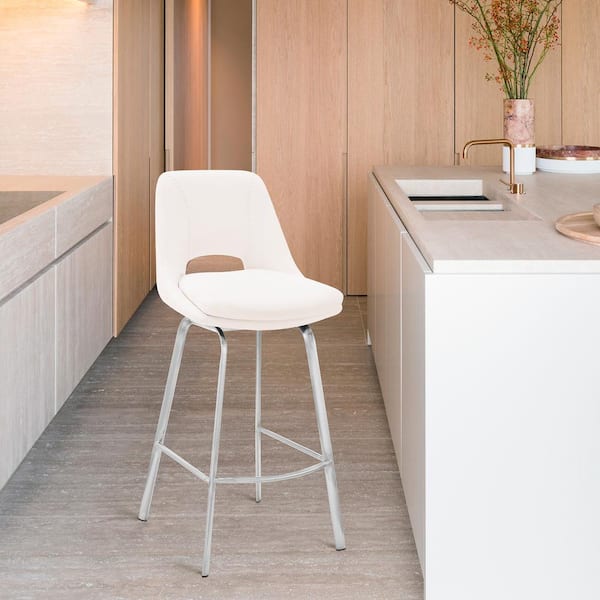 Armen Living Carise 26 in. H White/Brushed Stainless Steel Counter Height Bat Stool with Swivel Seat