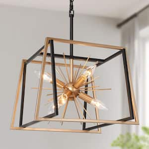 6-Light Dark Gold Sputnik Chandelier Lighting, Square Pendant Hanging Light Black Ceiling Light