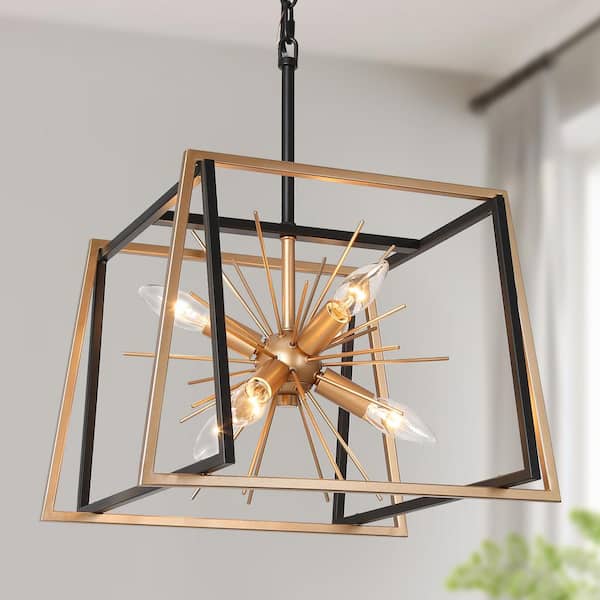 Zevni 6-Light Dark Gold Sputnik Chandelier Lighting, Square Pendant Hanging Light Black Ceiling Light