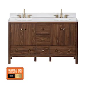 Rory 60 in W x 20 in D x 35 in H Double Sink Bath Vanity in Walnut With White Engineered Marble Stone Vanity Top