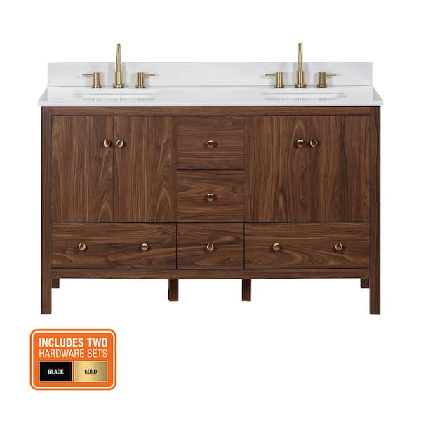 Rory 60 in. Double Sink Walnut Bath Vanity with White Engineered Marble Top (Assembled)