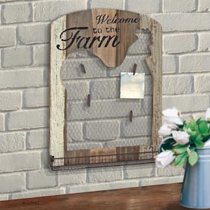 18 in. x 24 in. Brown Wooden Rooster Wall Decor with Metal Tray Mesh Message Board