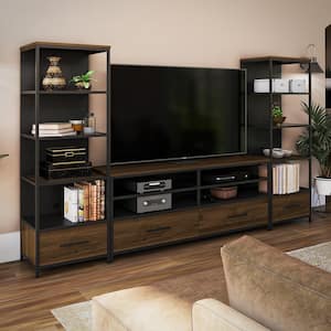 Ameriwood Home Pulse TV Stand for TVs up to 60 in., Walnut Wood Veneer with Black Metal and Black Glass