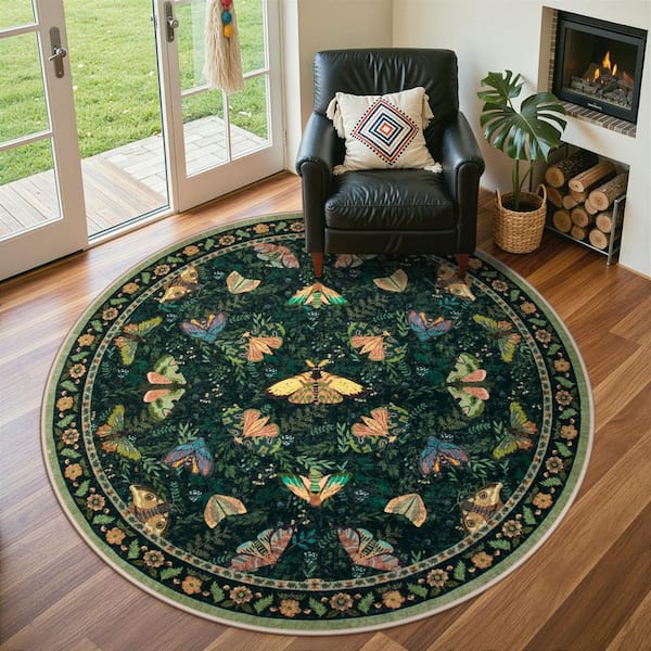 Animal & Insect Floral Print Machine Washable Non Slip Backing Green 6 ft. Round Living Room/Bedroom Area Rug