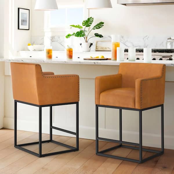 LUE BONA Hampton 26 in. Whiskey Brown Modern Faux Leather Bar Stool Square Metal Frame Counter Height Bar Stool (Set of 2)
