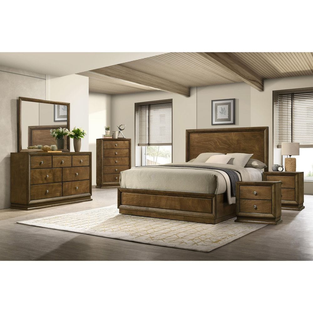 Joune 6-Piece Walnut Wood Frame King Panel Bedroom Set with Beleved Corner, Metal Center Glide, Zinc Bronze Metal Knobs