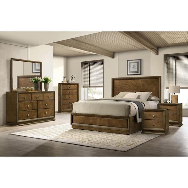 Joune 6-Piece Walnut Wood Frame Full Panel Bedroom Set with Beleved Corner, Metal Center Glide, Zinc Bronze Metal Knobs