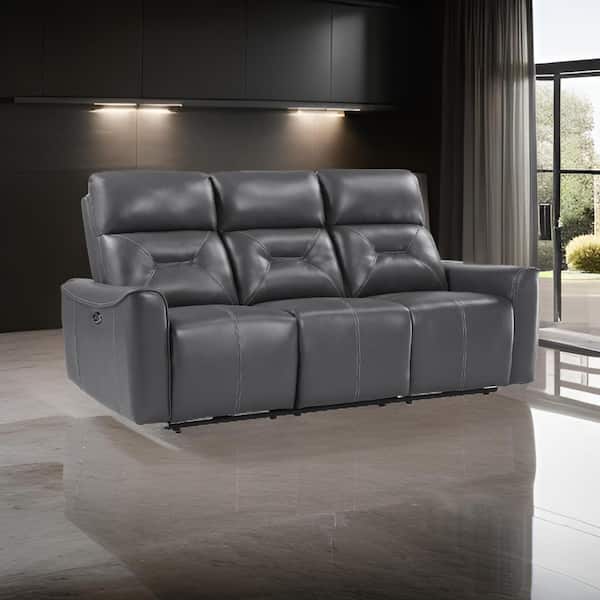 Benjara 81.5 in. Flared Arm Faux Leather Rectangle Power Recliner Sofa in Gray